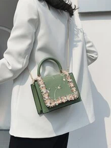Mini Floral Embroidered Faux Pearl Decor Flap Square Bag - Green - View 1