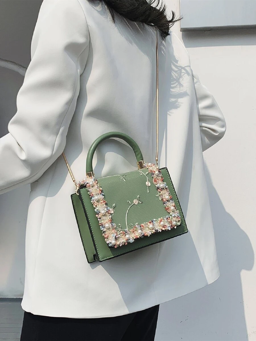 Mini Floral Embroidered Faux Pearl Decor Flap Square Bag - Green - View 1