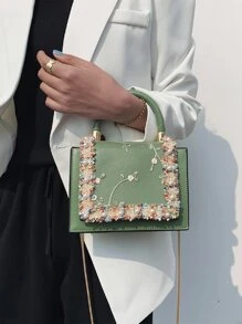 Mini Floral Embroidered Faux Pearl Decor Flap Square Bag - Green - View 2