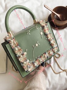 Mini Floral Embroidered Faux Pearl Decor Flap Square Bag - Green - View 4