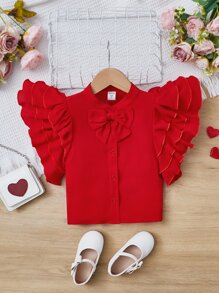 SHEIN Chicas Blusa de manga a capas con lazo delantero - Rojo - Ver 1
