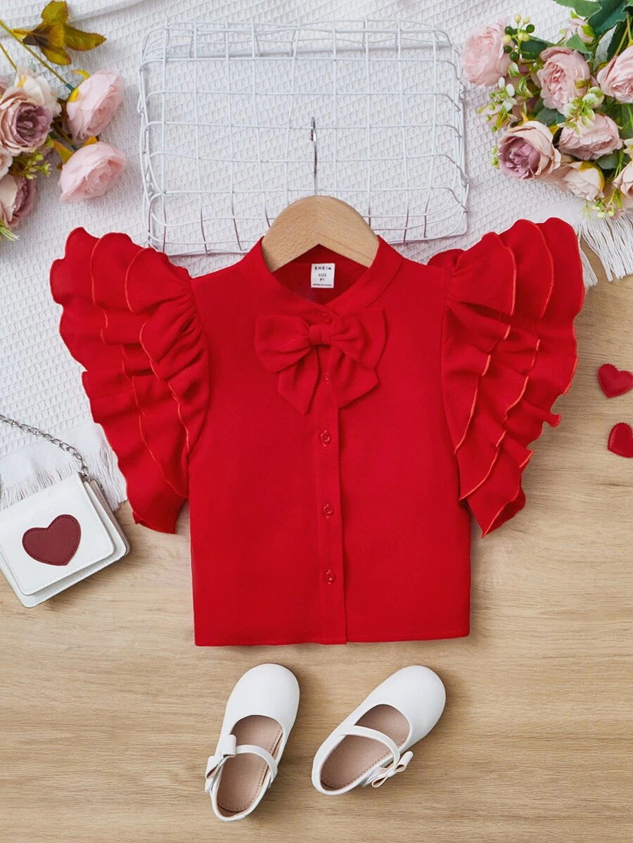 SHEIN Chicas Blusa de manga a capas con lazo delantero - Rojo - Ver 1