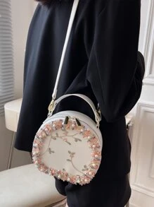 Mini Floral Embroidered Faux Pearl Decor Circle Bag - Beige - View 1