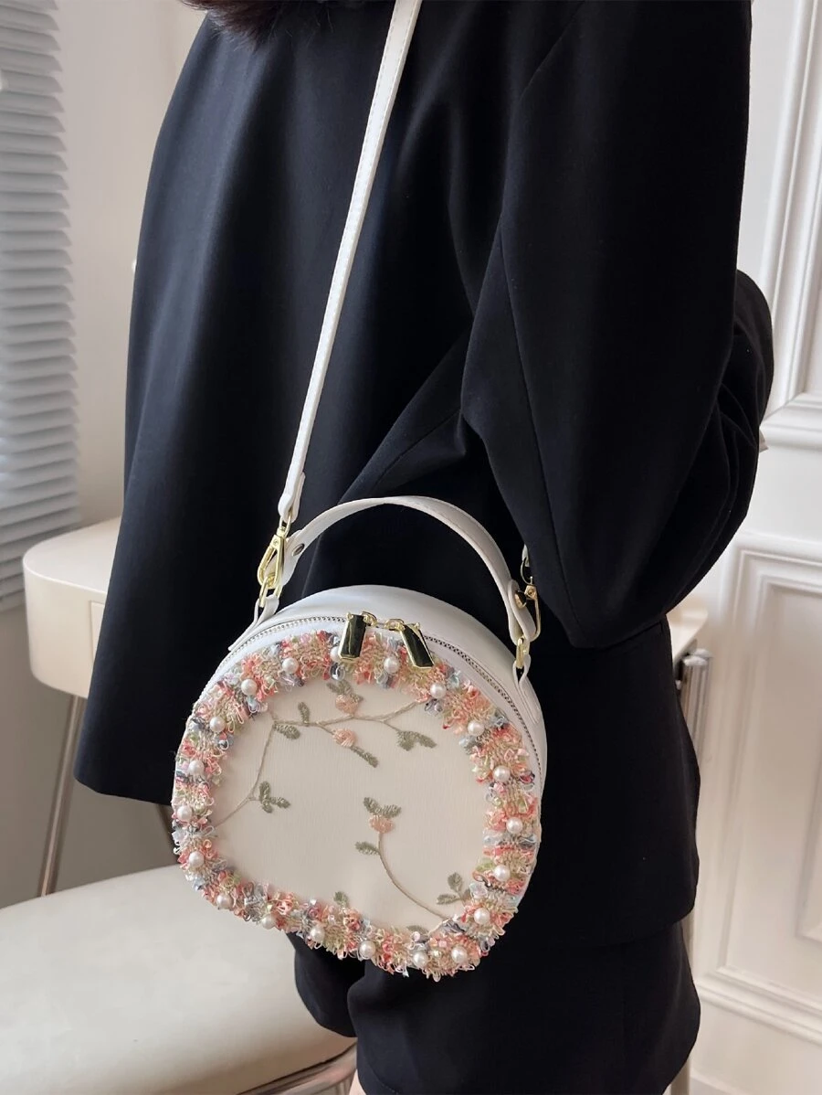Mini Floral Embroidered Faux Pearl Decor Circle Bag - Beige - View 1