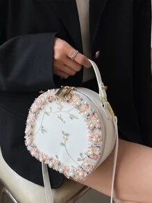 Mini Floral Embroidered Faux Pearl Decor Circle Bag - Beige - View 2