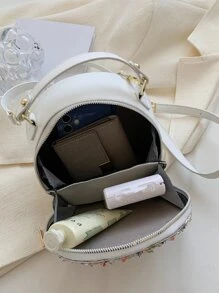 Mini Floral Embroidered Faux Pearl Decor Circle Bag - Beige - View 3