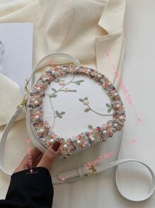 Mini Floral Embroidered Faux Pearl Decor Circle Bag - Beige - View 4
