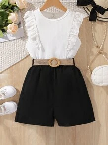 SHEIN 女孩網眼刺繡荷葉邊上衣和短褲 - 黑與白 - 查看 1