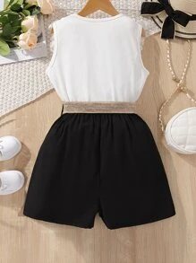 SHEIN 女孩網眼刺繡荷葉邊上衣和短褲 - 黑與白 - 查看 2