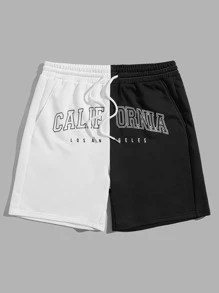 Manfinity Men Letter Graphic Two Tone Drawstring Waist Shorts - Multicolor - View 3