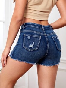 SHEIN Tall Quần short denim nữ Nút Túi Hem thô Bị tách Dây kéo màu trơn - Rửa tối - Xem 2