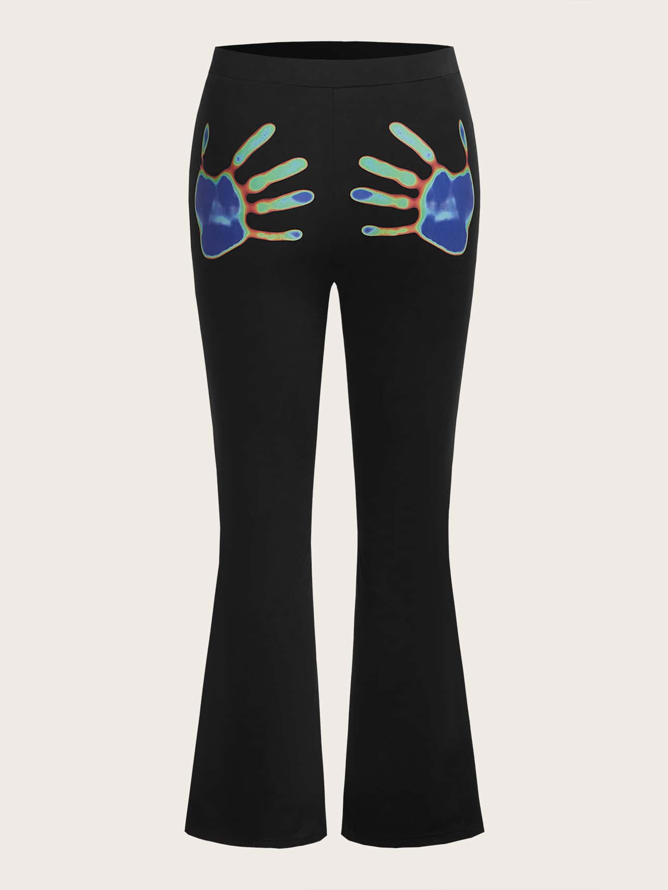 SHEIN ICON Plus Hand Print Flare Leg Trousers - Black - View 1