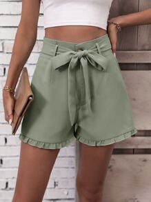 SHEIN LUNE Frill Trim Belted Shorts - Mint Green - View 2