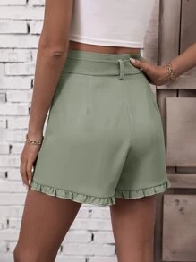 SHEIN LUNE Frill Trim Belted Shorts - Mint Green - View 4