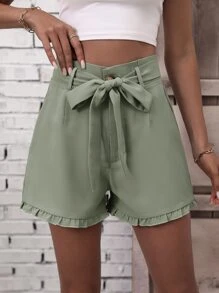 SHEIN LUNE Frill Trim Belted Shorts - Mint Green - View 1