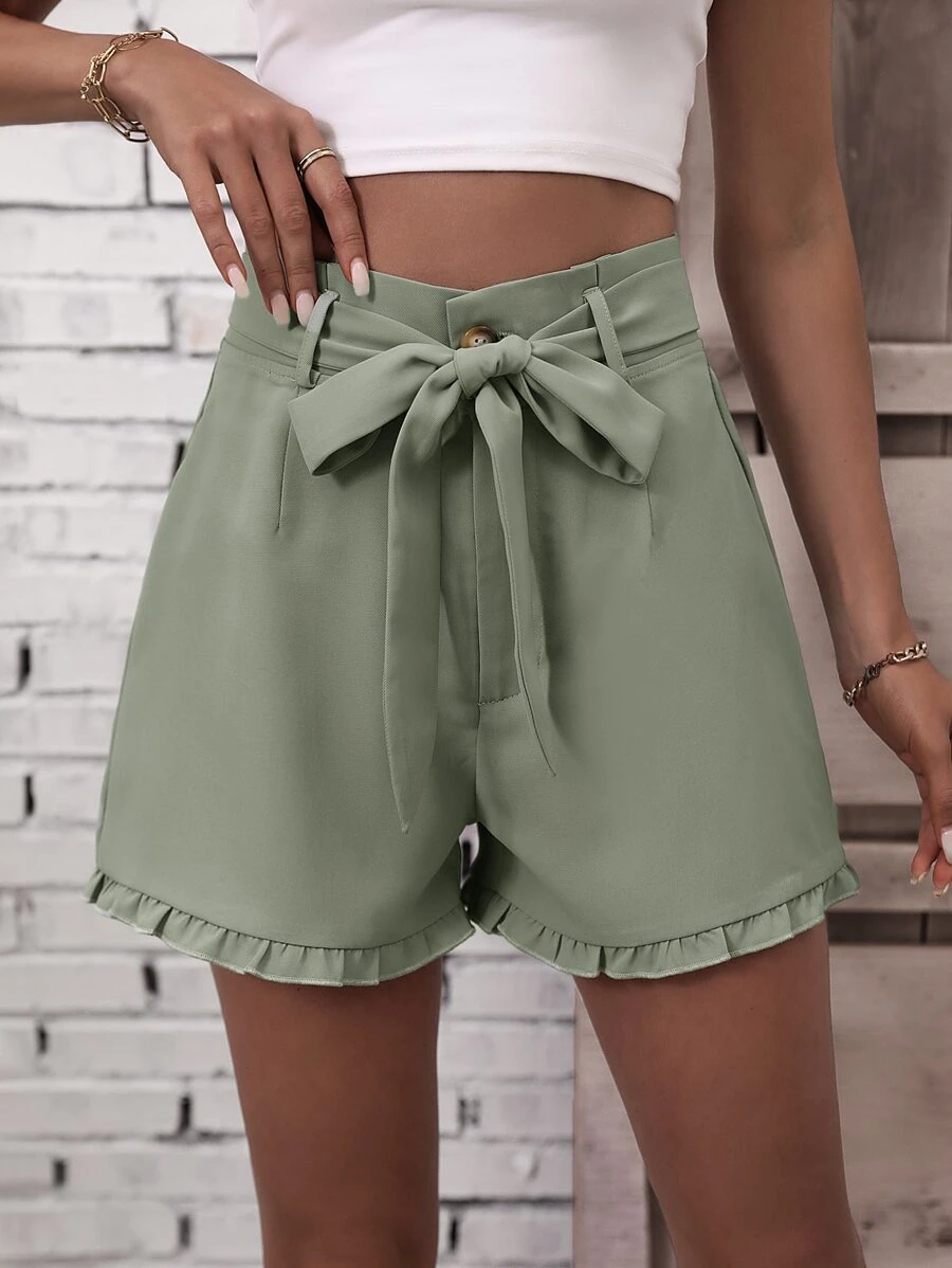 SHEIN LUNE Frill Trim Belted Shorts - Mint Green - View 1