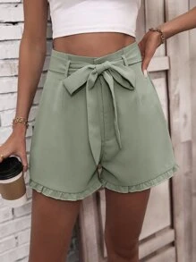 SHEIN LUNE Frill Trim Belted Shorts - Mint Green - View 5