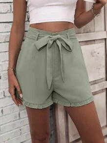 SHEIN LUNE Frill Trim Belted Shorts - Mint Green - View 6