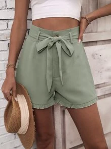 SHEIN LUNE Frill Trim Belted Shorts - Mint Green - View 3