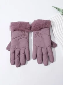 Butterfly & Letter Embroidery Contrast Fluffy Gloves - Purple - View 1