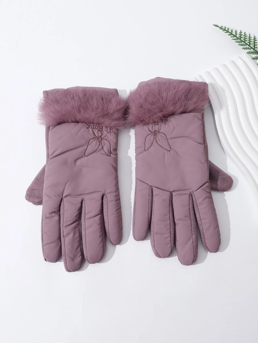 Butterfly & Letter Embroidery Contrast Fluffy Gloves - Purple - View 1