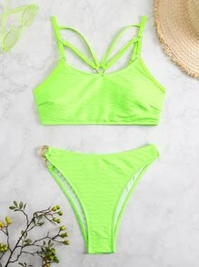 Neon Lime Ring Linked Summer Beach Bikini Set - Lime Green - View 7