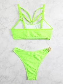 Neon Lime Ring Linked Summer Beach Bikini Set - Lime Green - View 5