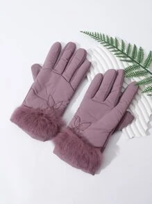 Butterfly & Letter Embroidery Contrast Fluffy Gloves - Purple - View 3