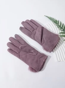 Butterfly & Letter Embroidery Contrast Fluffy Gloves - Purple - View 4