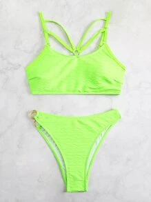 Neon Lime Ring Linked Summer Beach Bikini Set - Lime Green - View 6