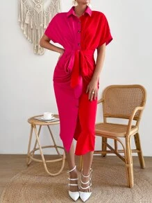 SHEIN Privé 雙色蝙蝠袖前打結襯衫洋裝 - 彩色 - 查看 5