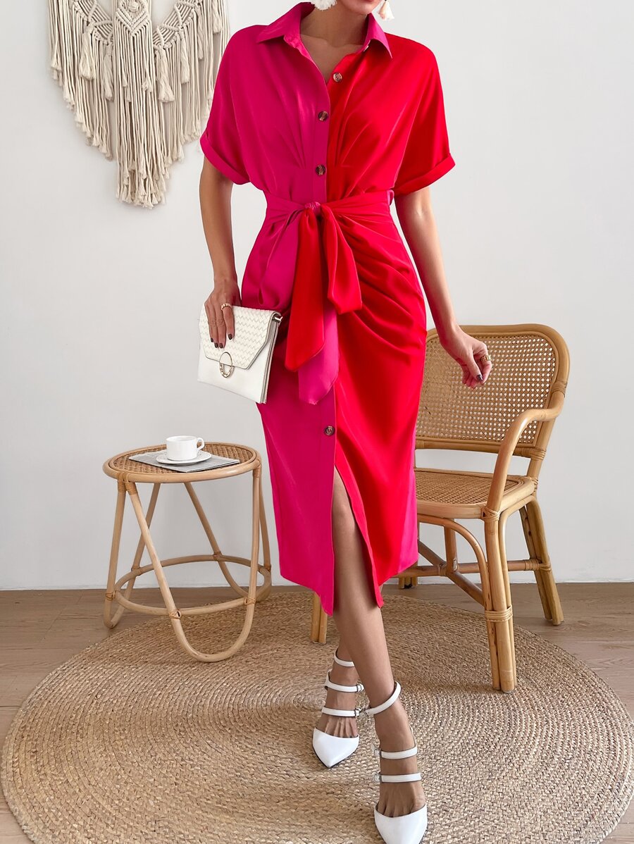 SHEIN Privé 雙色蝙蝠袖前打結襯衫洋裝 - 彩色 - 查看 1