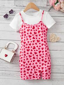 SHEIN Girls Solid Tee & Heart Print Cami Dress - Multicolor - View 1