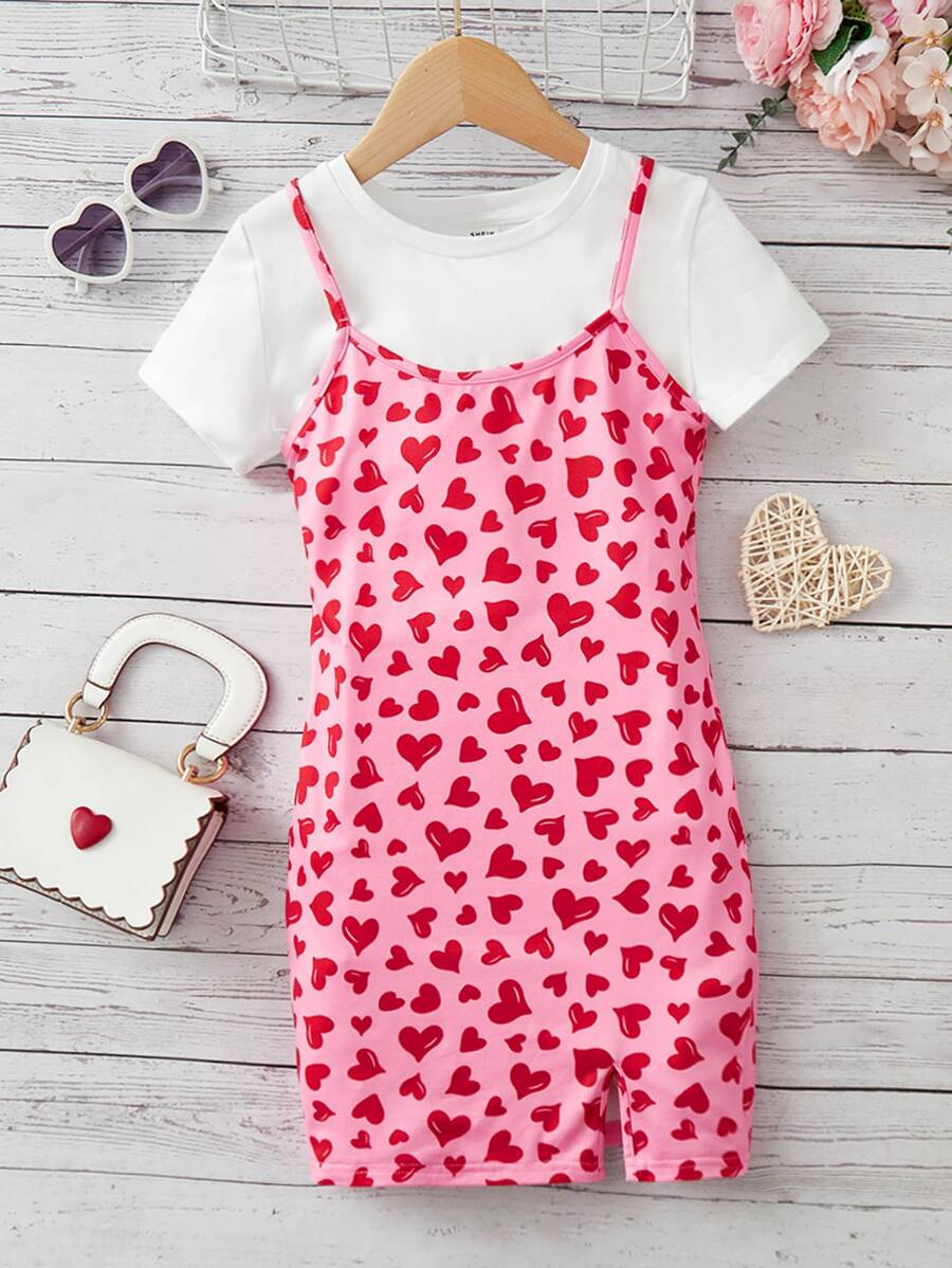 SHEIN Girls Solid Tee & Heart Print Cami Dress - Multicolor - View 1