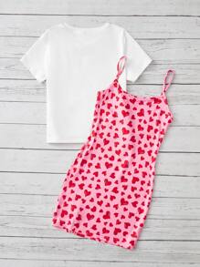 SHEIN Girls Solid Tee & Heart Print Cami Dress - Multicolor - View 2