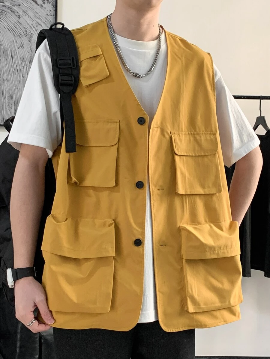 Manfinity Men Flap Pocket Vest Jacket - Mustard Yellow - View 1