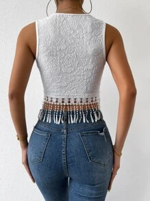 Chiquease Jacquard Fringe Hem Tank Top - White - View 2