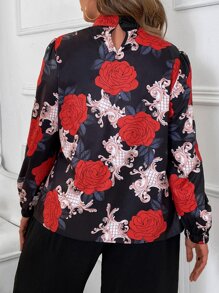 SHEIN LUNE 大碼印花繫帶領燈籠袖襯衫 - 黑色 - 查看 5