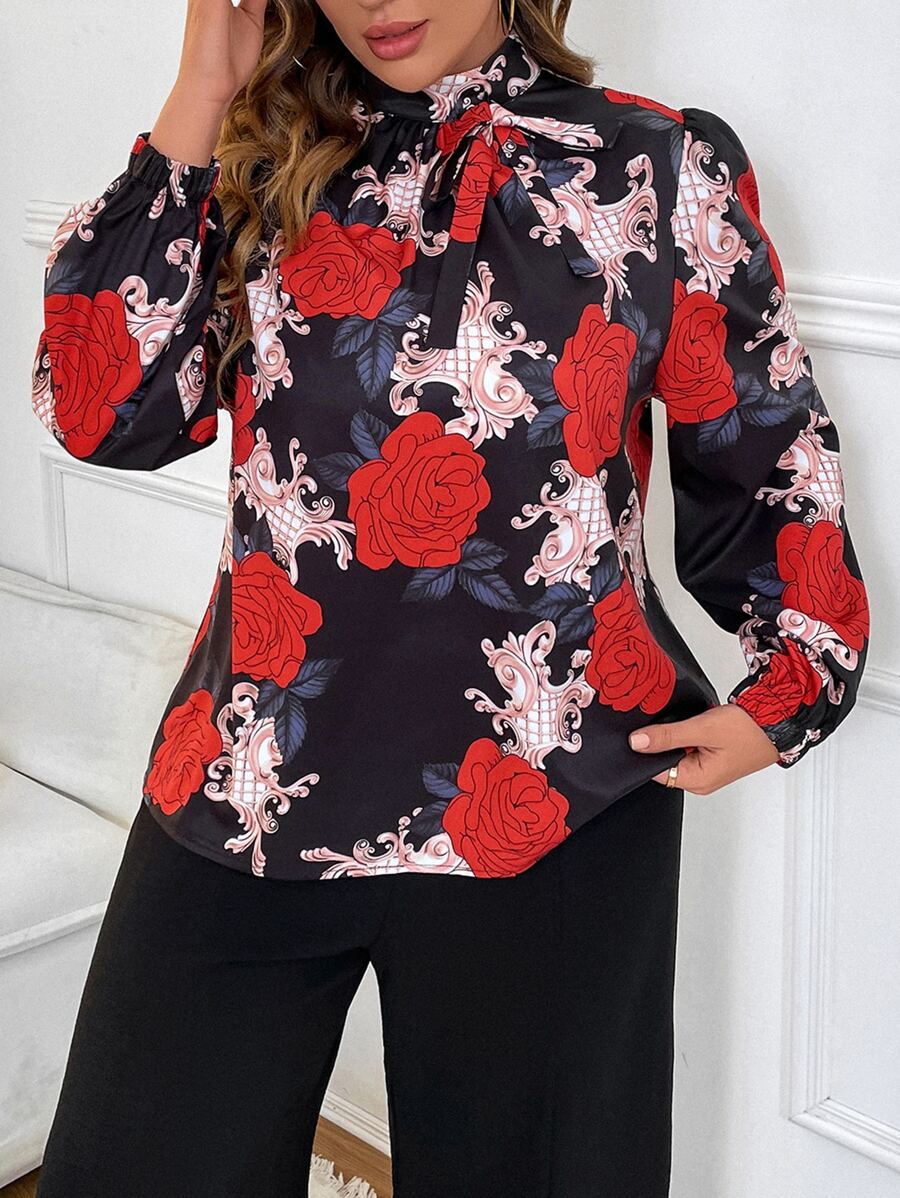 SHEIN LUNE 大碼印花繫帶領燈籠袖襯衫 - 黑色 - 查看 1