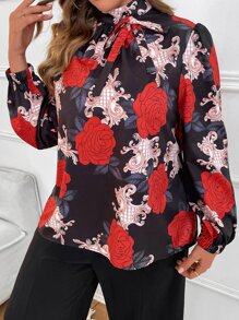 SHEIN LUNE 大碼印花繫帶領燈籠袖襯衫 - 黑色 - 查看 2