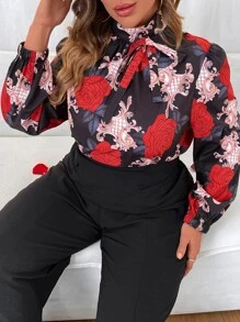 SHEIN LUNE 大碼印花繫帶領燈籠袖襯衫 - 黑色 - 查看 8