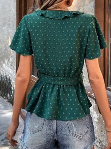 SHEIN LUNE Blusa de lunares ribete con fruncido con cinturón - Verde Oscuro - Ver 2