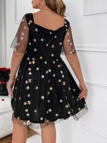 SHEIN LUNE Plus Star Sequin Mesh Overlay Sweetheart Neck Butterfly Sleeve Dress - Black - View 3