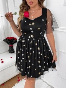 SHEIN LUNE Plus Star Sequin Mesh Overlay Sweetheart Neck Butterfly Sleeve Dress - Black - View 5