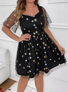 SHEIN LUNE Plus Star Sequin Mesh Overlay Sweetheart Neck Butterfly Sleeve Dress - Black - View 6