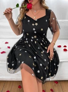 SHEIN LUNE Plus Star Sequin Mesh Overlay Sweetheart Neck Butterfly Sleeve Dress - Black - View 7
