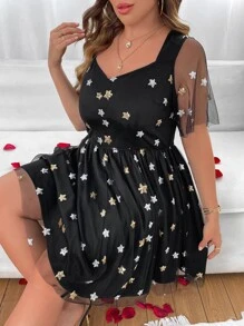 SHEIN LUNE Plus Star Sequin Mesh Overlay Sweetheart Neck Butterfly Sleeve Dress - Black - View 8