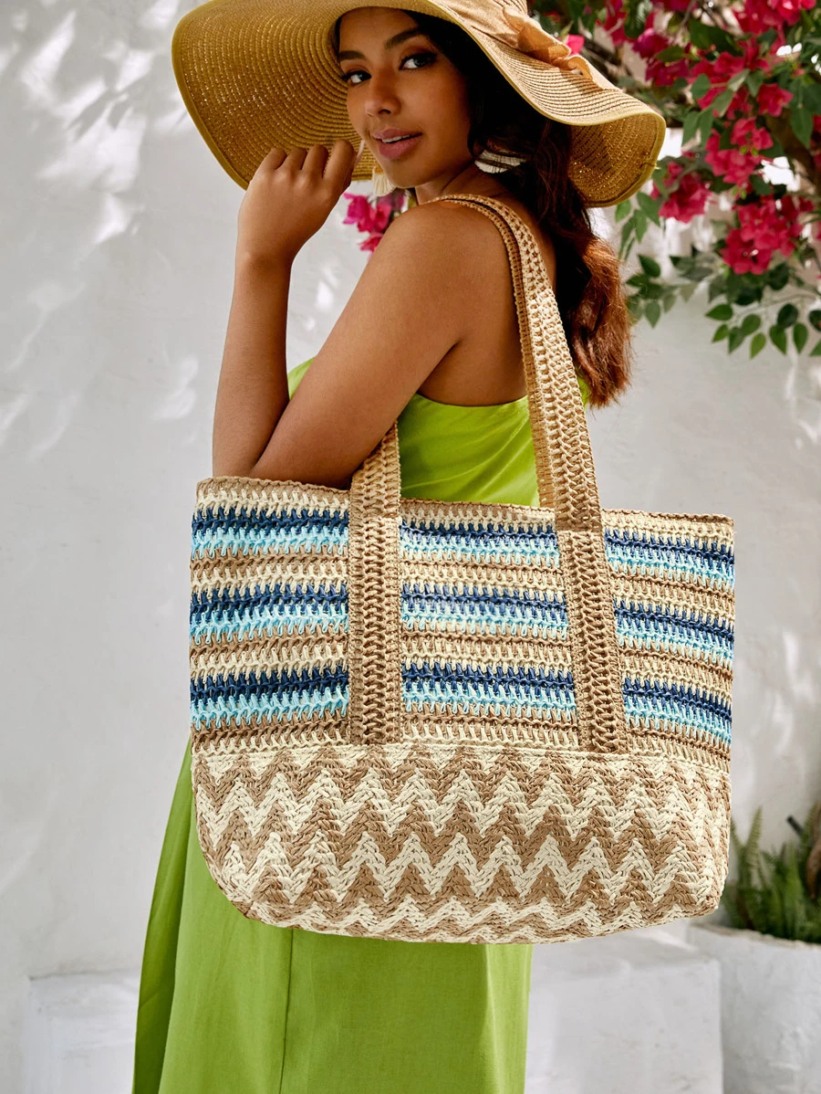 SHEIN VCAY Túi Rơm Họa Tiết Chevron Khối Màu, Hoàn Hảo Cho Kỳ Nghỉ Du Lịch Bãi Biển Mùa Hè - Nhiều màu - Xem 1