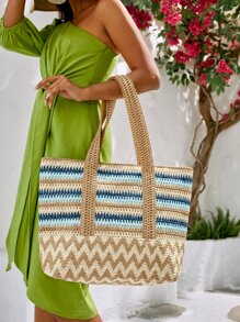 SHEIN VCAY Túi Rơm Họa Tiết Chevron Khối Màu, Hoàn Hảo Cho Kỳ Nghỉ Du Lịch Bãi Biển Mùa Hè - Nhiều màu - Xem 2