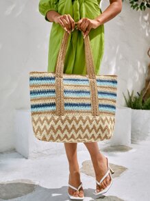 SHEIN VCAY Túi Rơm Họa Tiết Chevron Khối Màu, Hoàn Hảo Cho Kỳ Nghỉ Du Lịch Bãi Biển Mùa Hè - Nhiều màu - Xem 4